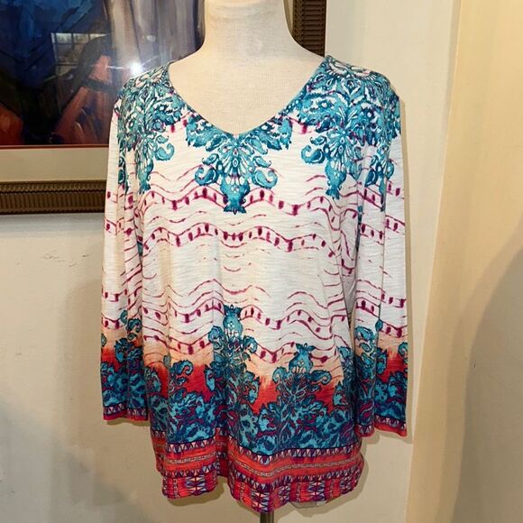 Chico’s Multicolor Vibrant V-Neck Cotton Top Size 2- Large - Picture 1 of 12